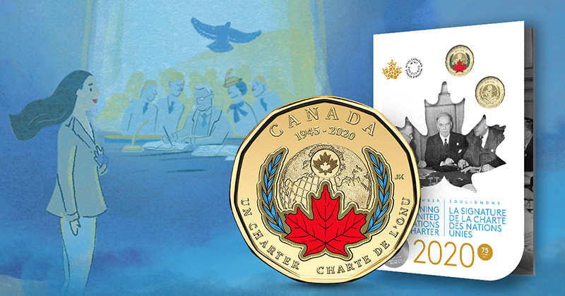 La toute première pièce de circulation colorée de 1 $ du Canada et la carte souvenir de collection du 75e anniversaire de la signature de la Charte des Nations Unies en 2020