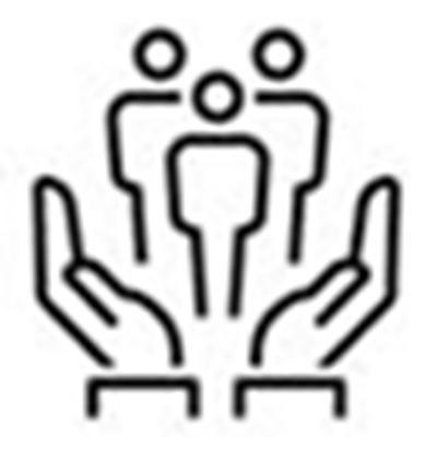Icon image of three people floating above two hands.