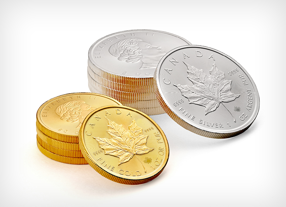 Gold and silver maple leaf bullion coins Gold and silver maple leaf bullion coins