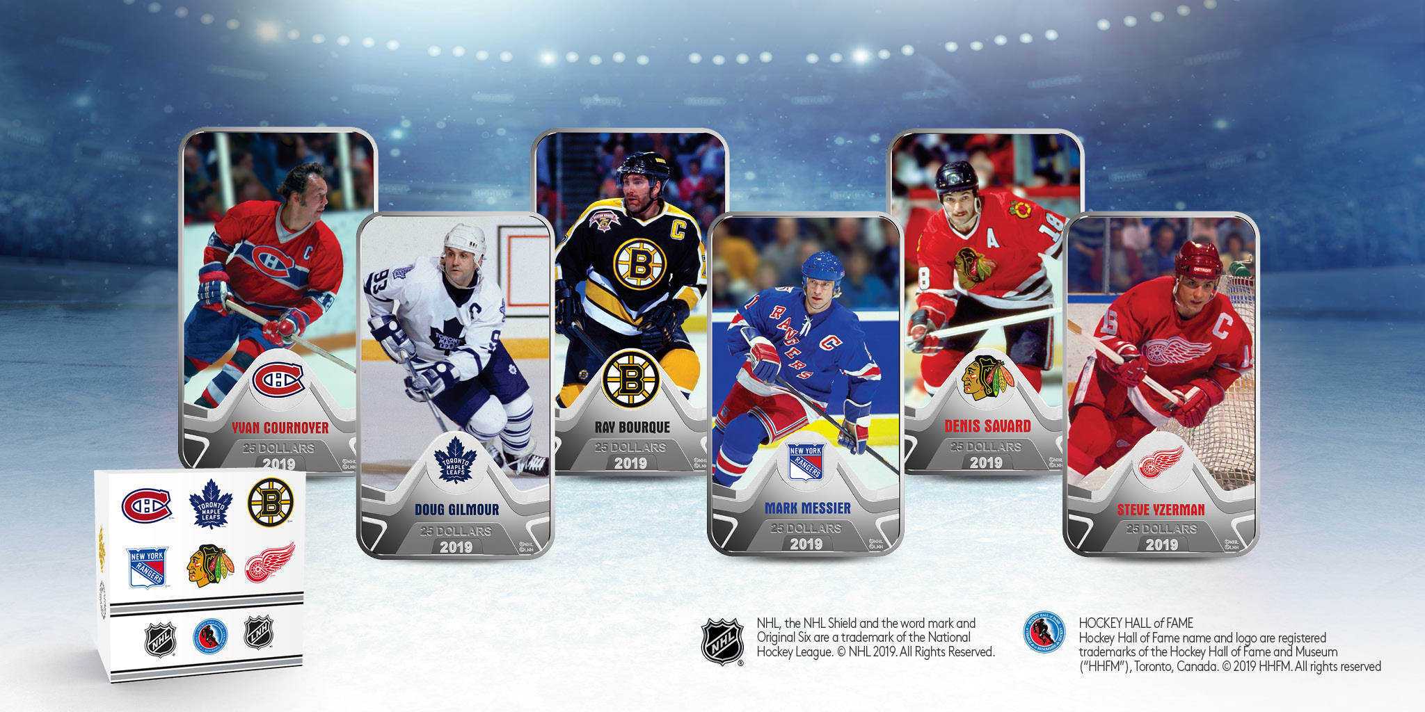 Working closely with the Hockey Hall of Fame®, Mint Product Manager Matt Eggink selected the six players to be featured in this set: Doug Gilmour (Toronto Maple Leafs®), Yvan Cournoyer (Montreal Canadiens®), Mark Messier (New York Rangers®), Ray Bourque (Boston Bruins®), Denis Savard (Chicago Blackhawks®) and Steve Yzerman (Detroit Red Wings®).