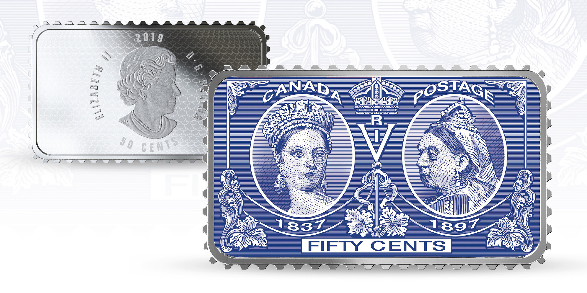 image The 1897 “Jubilee” commemorative stamp, considered by many collectors to be the Dominion of Canada’s first commemorative stamp, quickly sold-out upon its release in 1897 and was a testament to Her Majesty’s popularity among Canadians. The 2019 50-cent fine silver coin matches the deep royal blue that first caught the Mint’s attention and is engraved with horizontal lines like those produced by intaglio printing. Even its edge is serrated to give it a real postage stamp feel.