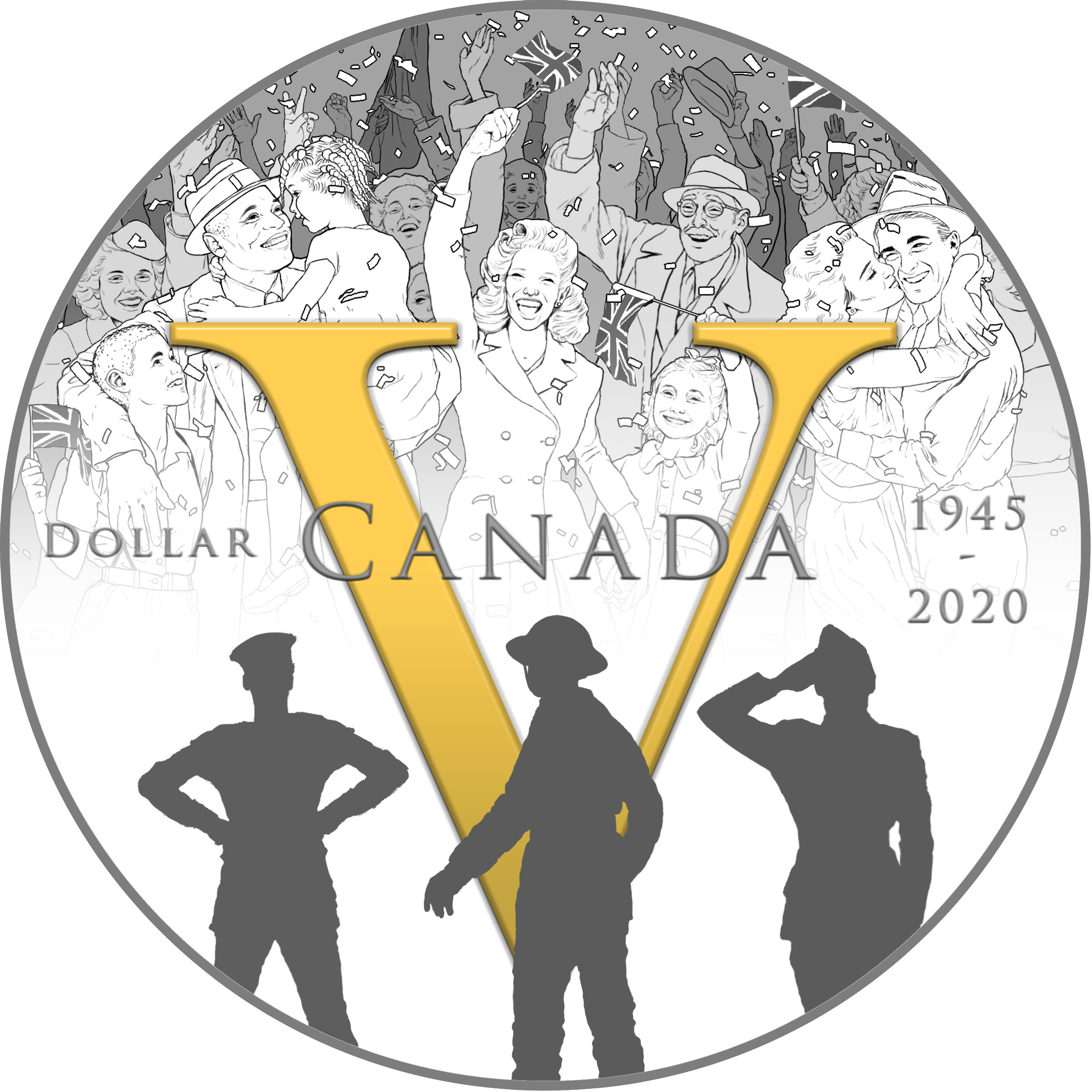 Young’s 2020 Fine Silver Proof Dollar design foregrounds three silhouettes representing the branches of the Canadian military—Navy, Army and Air Force—recognizing their vital role in making victory possible. Behind them is a crowd, those who kept the country going and poured themselves into the war effort on the home front, who loved and lost and were jubilant that the war was over.