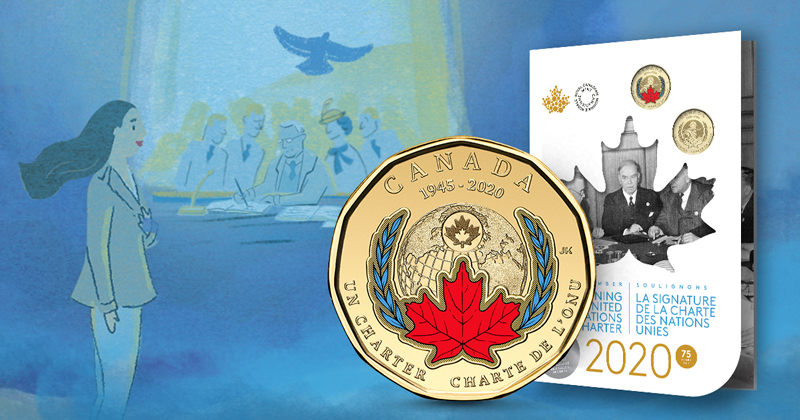 Canada’s first-ever coloured $1 circulation coin and 2020 75th Anniversary of the Signing Of The United Nations Charter Collector Keepsake Card