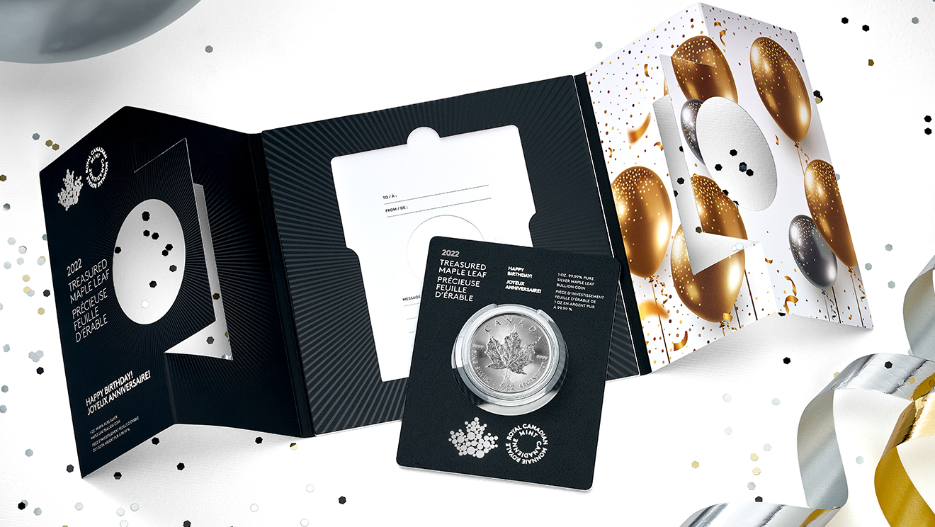 2022 $5 1 oz. 99.99% Pure Silver Coin – Treasured Silver Maple Leaf– Happy Birthday