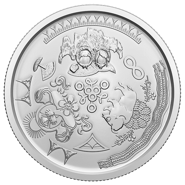 image The Truth and Reconciliation Keepsake: This side of the Keepsake displays a collection of visual elements that forms an expression of Indigenous cultures and perspectives, as designed by artists Leticia Spence (First Nations), Jason Sikoak (Inuit) and JD Hawk (Métis).