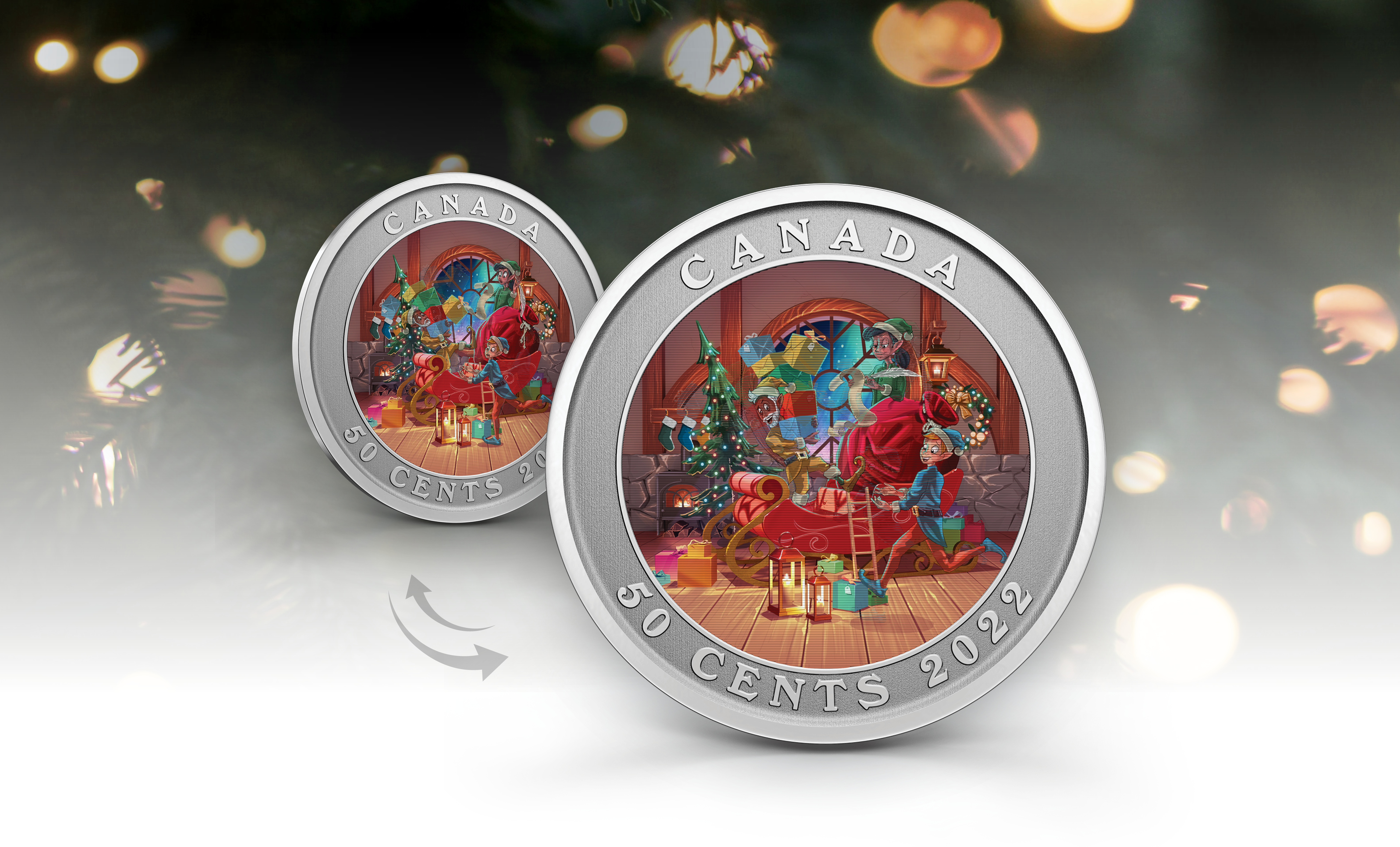 Pièce lenticulaire – Le traîneau du père Noël Cette pièce lenticulaire offre un aperçu des préparatifs entourant la tournée de cadeaux annuelle du père Noël.