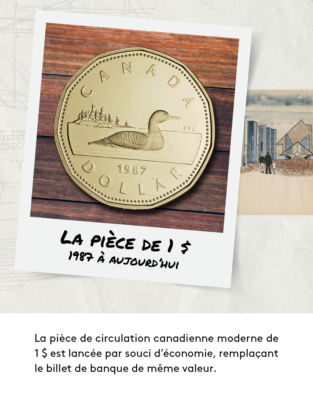 La pièce de circulation canadienne moderne de 1 $ est lancée en  1987.