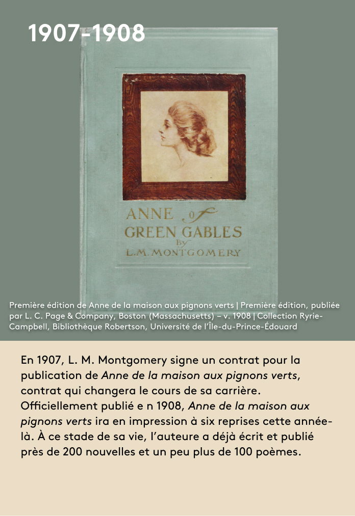 image En 1907, L. M. Montgomery signe un contrat pour la publication de Anne de la maison aux pignons verts, contrat qui changera le cours de sa carrière. Officiellement publié en 1908, Anne de la maison aux pignons verts ira en impression à six reprises cette année-là. À ce stade de sa vie, l’auteure a déjà écrit et publié près de 200 nouvelles et un peu plus de 100 poèmes.