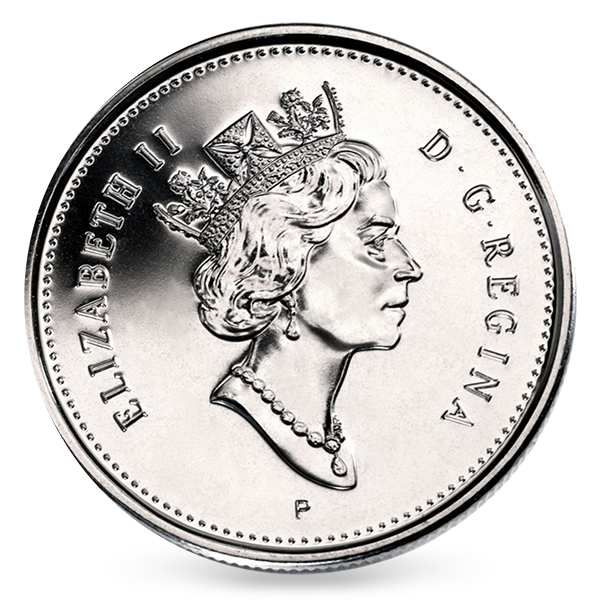 Elizabeth II (1990-2002) La troisième version de l'effigie de Sa Majesté la reine Elizabeth II est dévoilée en 1990, lorsque Sa Majesté a 64 ans. Il s'agit de la première effigie  conçue par une artiste canadienne, en l'occurrence Dora de Pédery-Hunt. Elle est entourée de l'inscription latine ELIZABETH II D G REGINA.