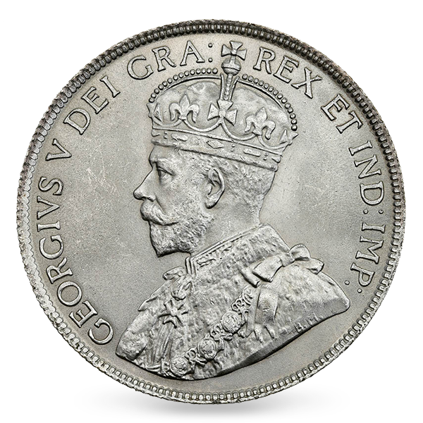 George V (1911-1936) George V was the grandfather of Her Majesty Queen Elizabeth II and appeared with the Latin inscription GEORGIVS V DEI GRA:REX ET IND:IMP, which means "George V, by the grace of God, the King and Emperor of India." For part of 1911, coins did not include the DEI GRA part of the inscription and became known as the "Godless" coins.