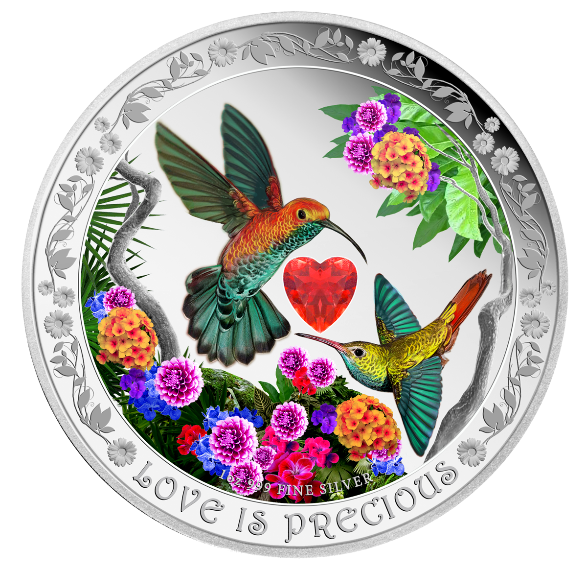 1 oz. Fine Silver Coloured Coin Love is Precious Hummingbirds