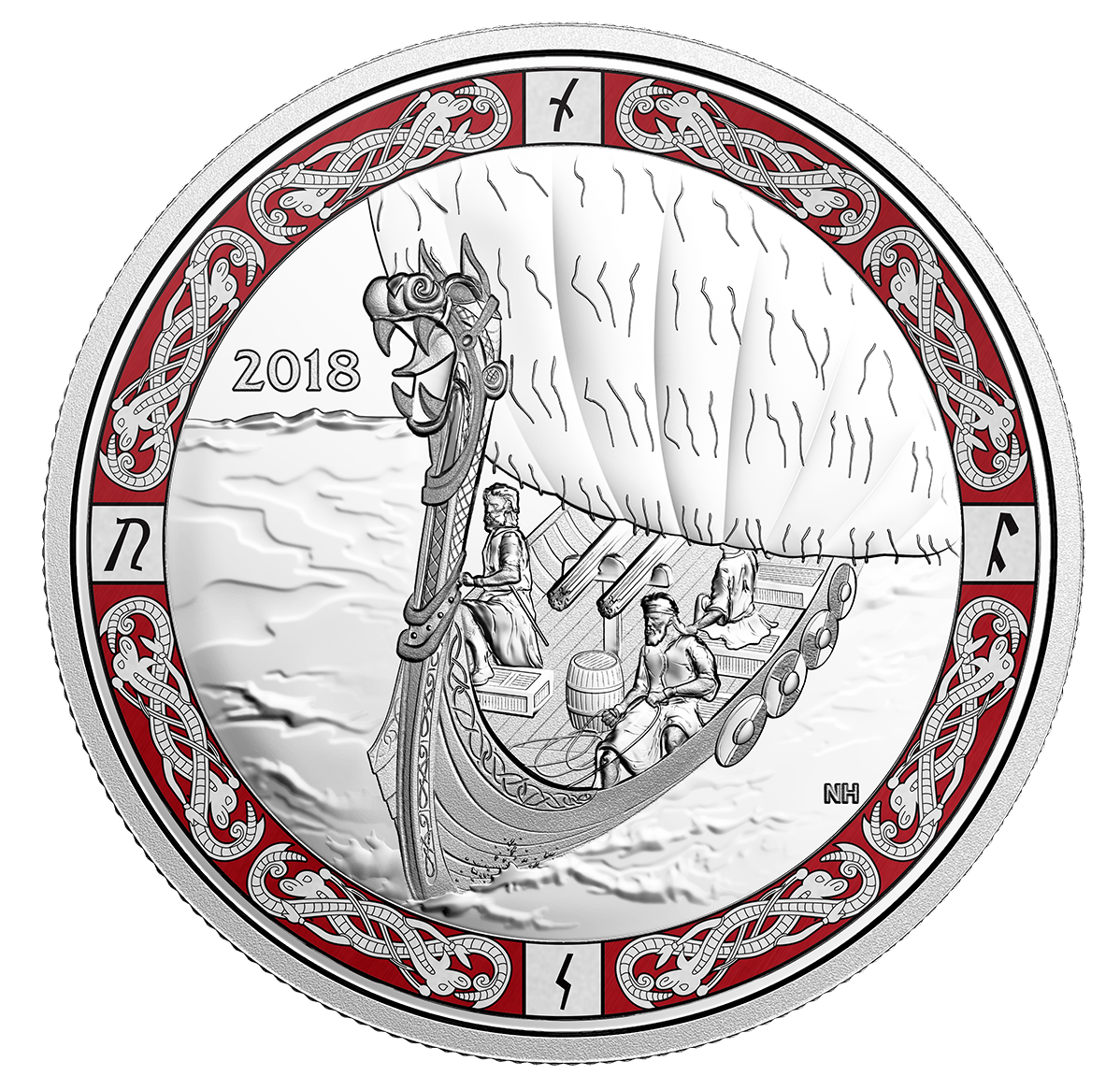 1 oz. Pure Silver Coloured Coin Viking Ships Viking Voyage Mintage
