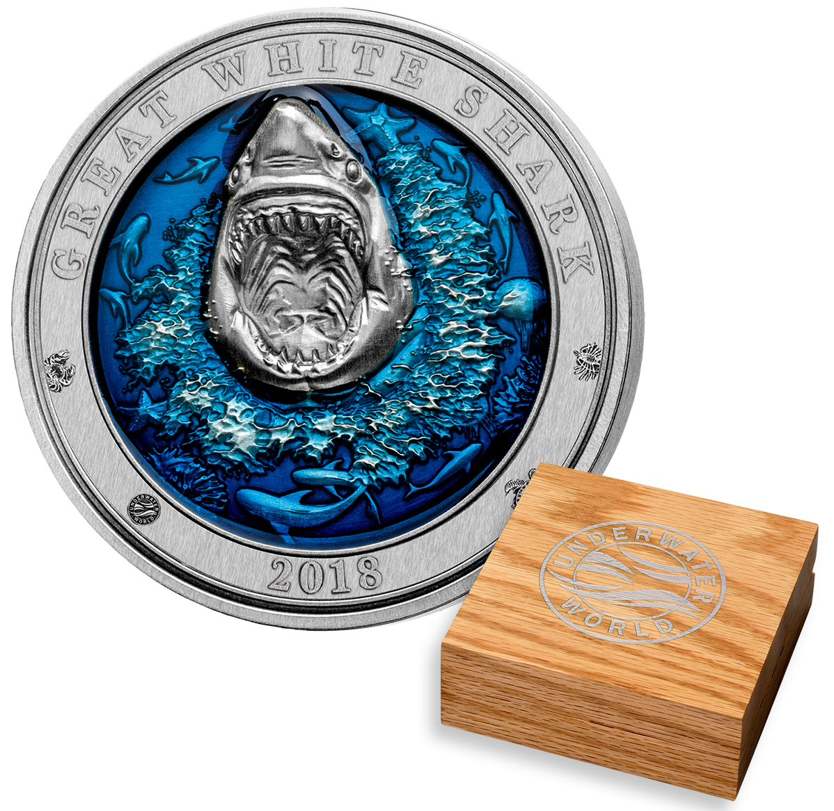 マルコリン・アート・クリスタル 貝殻 M177 3 oz. Pure Silver Ultra-high Relief Coin - Great White Shark