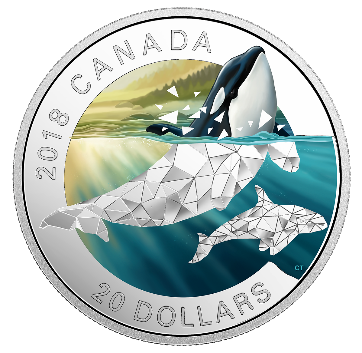 1 oz. Pure Silver Coloured Coin - Geometric Fauna: Orcas