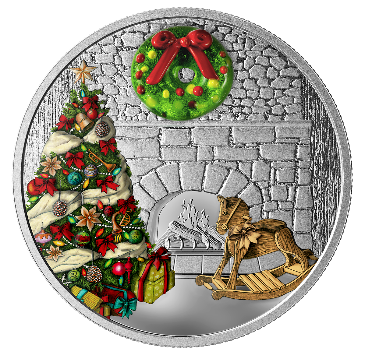 森のリース　甘過ぎないHoliday wreath ──　sold out　── 1 oz. Pure Silver Coloured Coin - Murano Holiday Wreath - Mintage