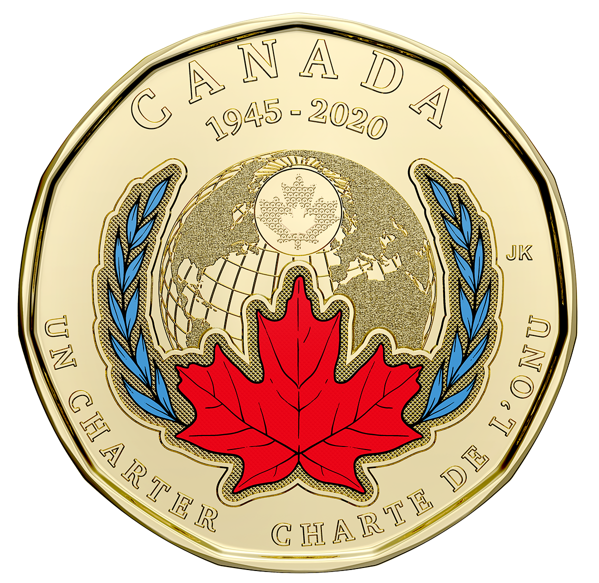 Canada 2020 Loonie $1 75th Anniversary United Nations Charter Coloured & Plain. 