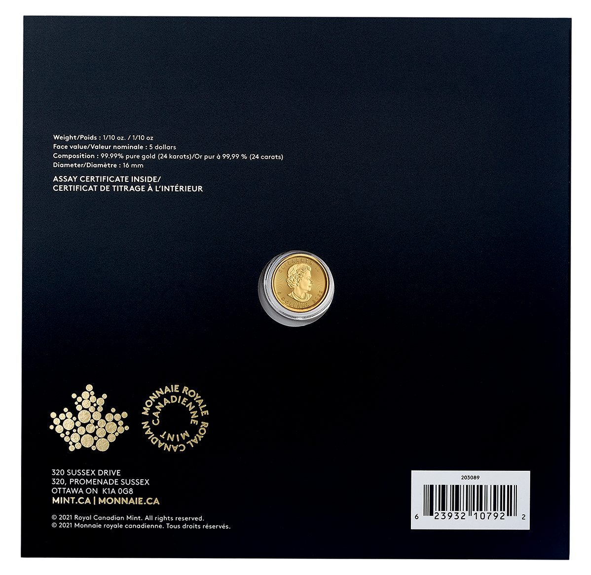 1/10 oz. 99.99% Pure Gold Coin - Treasured Gold Maple Leaf