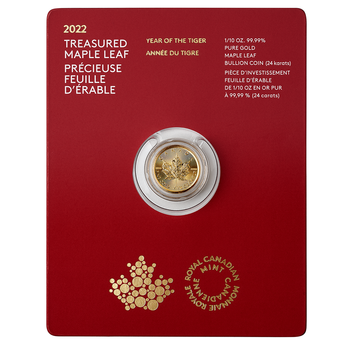 1/10 oz. 99.99% Pure Gold Coin - Treasured Gold Maple Leaf – Year