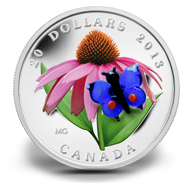 Fine Silver Coin - Purple Coneflower with Venetian Glass Butterfly