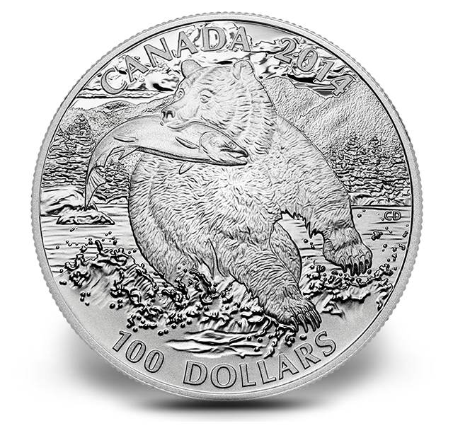 Reference image of $100 for $100 Fine Silver Coin - The Grizzly (2014)
