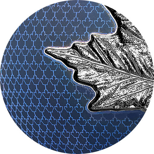 Reference image of 5 oz. Pure Silver Coin with Blue Rhodium Plating – Maple Leaves in Motion