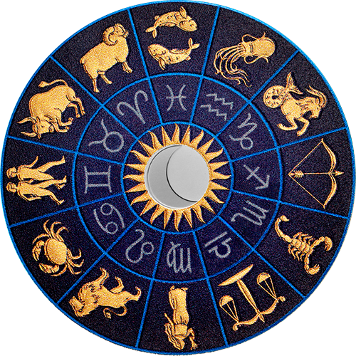 Reference image of 2 oz. Pure Silver Glow-in-the-Dark Coin – Signs of the Zodiac