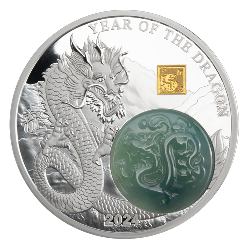Pièce de 25 francs en argent fin 2024 année lunaire du dragon avec jade