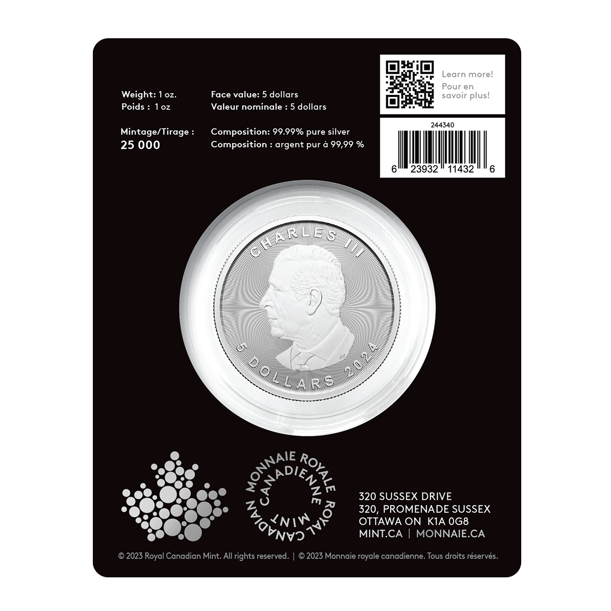 Fine Silver Bullion 2024 Royal Canadian Mint $5 Silver Coin - 1 Oz  Treasured Maple Leaf First Strikes Gold Coins