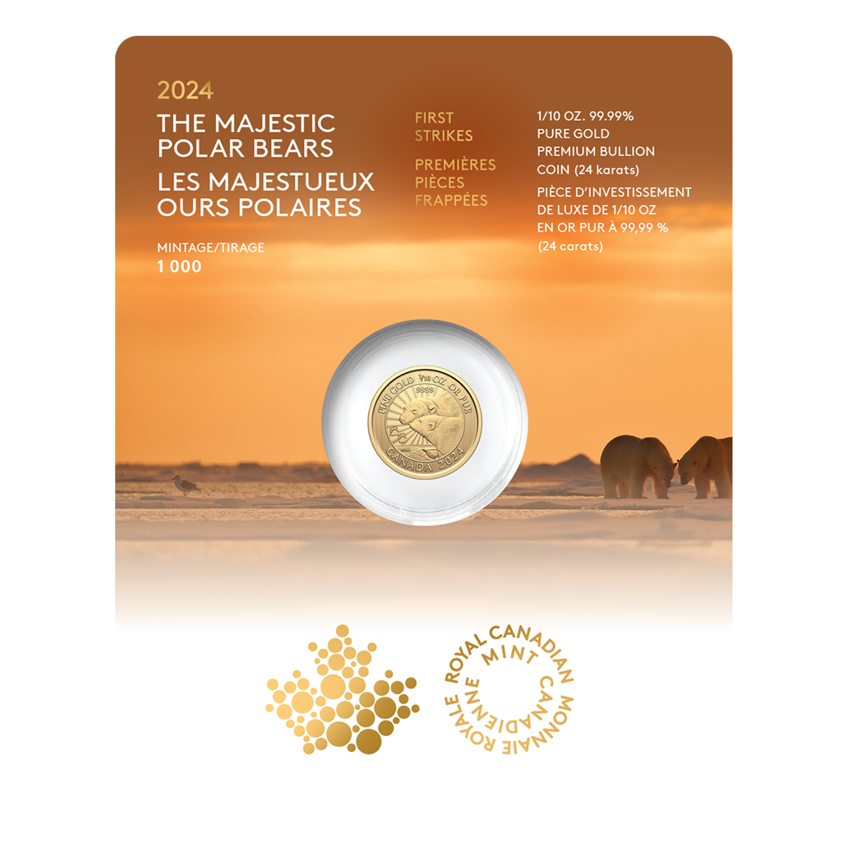 The Majestic Polar Bears - 1/10 oz. 99.99% Pure Gold Coin: First