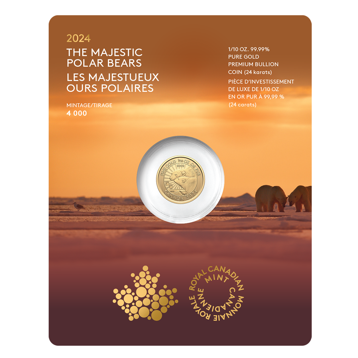 1/10 oz. 99.99% Pure Gold Coin: The Majestic Polar Bears (Premium Bullion)