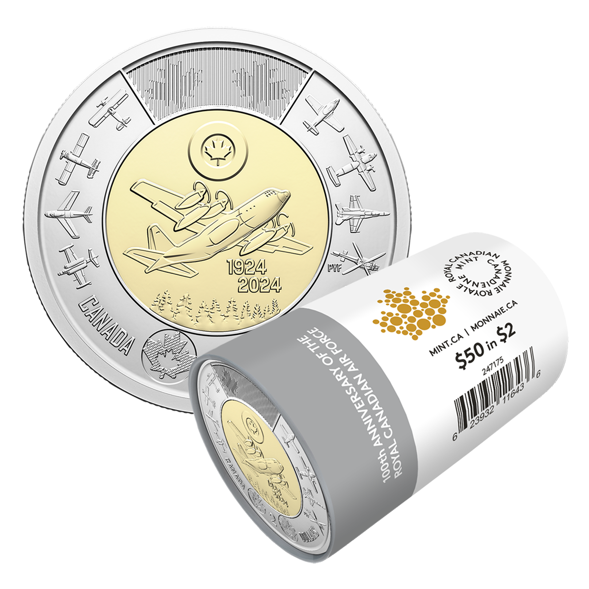 2024 $2 100th Anniversary of the Royal Canadian Air Force Non-colourized Special Wrap Roll
