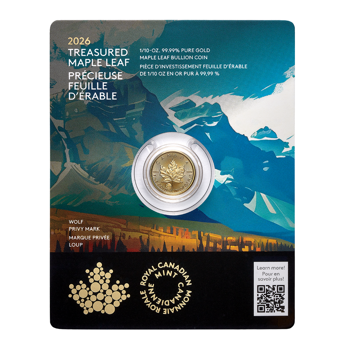 2026 Treasured Gold Maple Leaf: Wolf Privy Mark - 1/10-oz. 99.99% Pure Gold Coin (Premium Bullion)