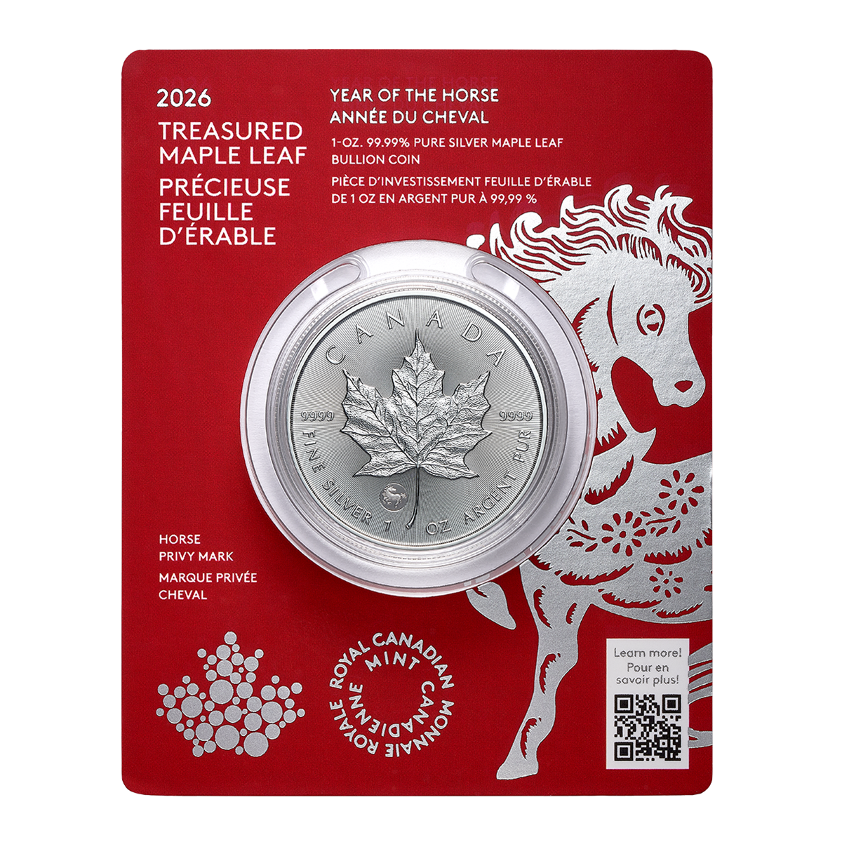 2026 Treasured Silver Maple Leaf: Year of the Horse Privy Mark - 1-oz. 99.99% Pure Silver Coin (Premium Bullion)