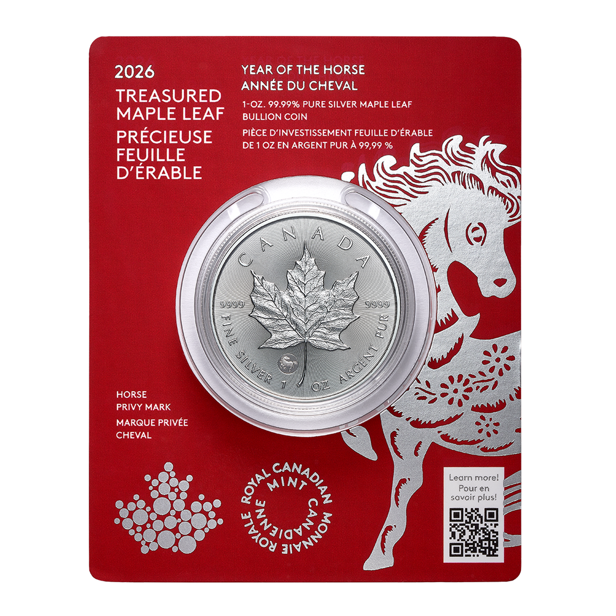 Précieuse Feuille d’érable en argent : Marque privée Année du Cheval - Pièce de 1 oz en argent pur à 99,99 % 2026 (pièce d’investissement haut de gamme) Précieuse Feuille d’érable en argent : Marque privée Année du Cheval - Pièce de 1 oz en argent pur à 99,99 % 2026 (pièce d’investissement haut de gamme)