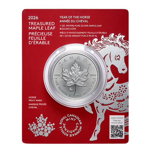 Précieuse Feuille d’érable en argent : Marque privée Année du Cheval - Pièce de 1 oz en argent pur à 99,99 % 2026 (pièce d’investissement haut de gamme)