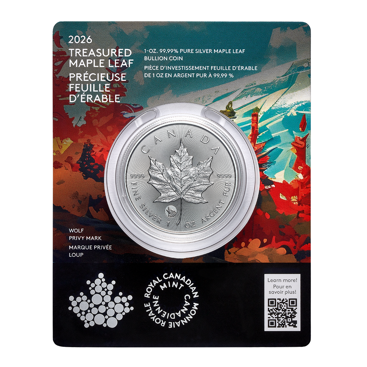 2026 Treasured Silver Maple Leaf: Wolf Privy Mark - 1-oz. 99.99% Pure Silver Coin (Premium Bullion)