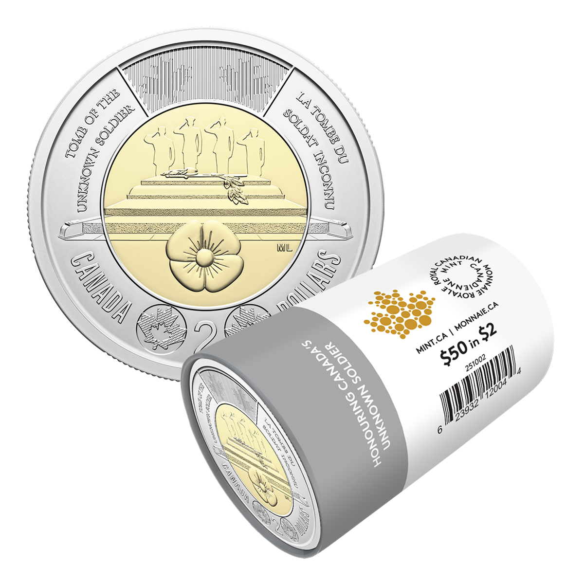 2025 $2 Honouring Canada’s Unknown Soldier Non-Colourized Special Wrap Roll