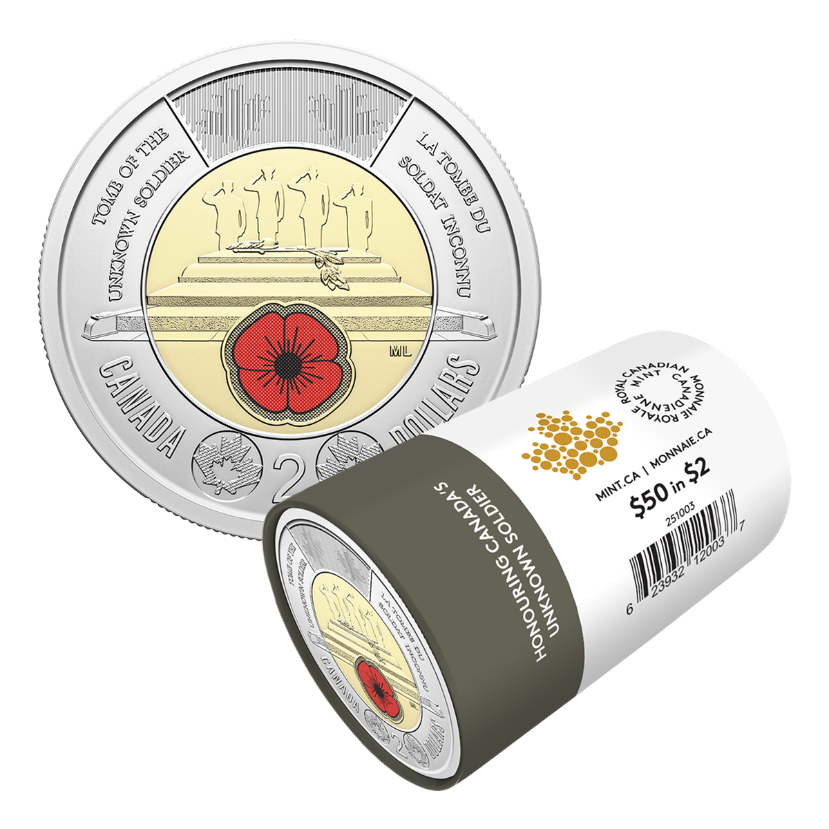 2025 $2 Honouring Canada’s Unknown Soldier Colourized Special Wrap Roll