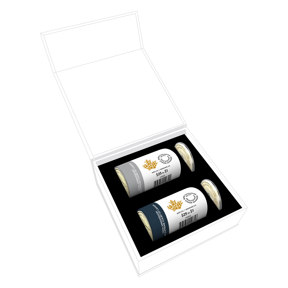 Coffret avec rouleaux spéciaux de pièces de 1 $ 2025 – 150ᵉ anniversaire de la Cour suprême du Canada