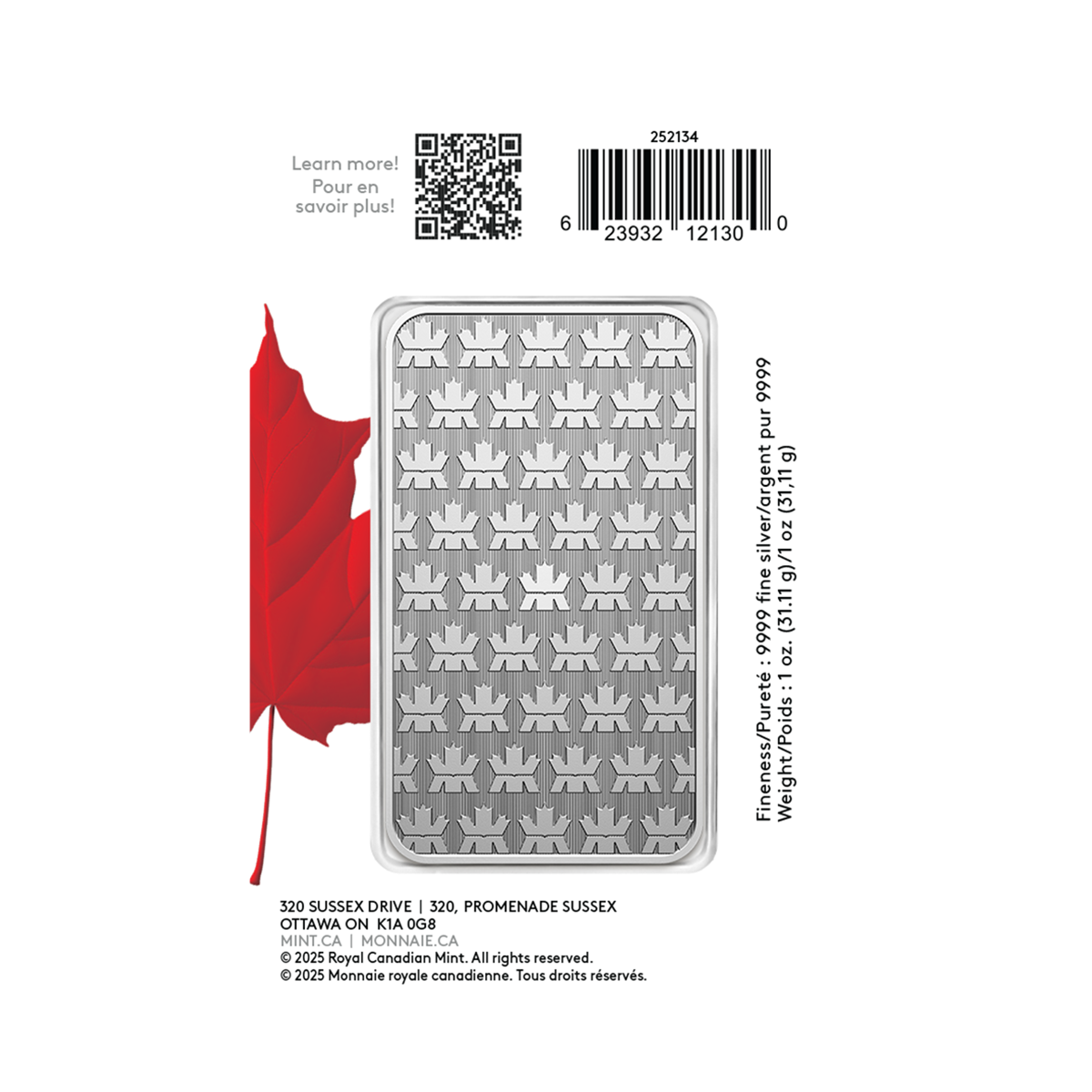 Pure Silver Bar in Proudly Canadian packaging - 1 oz. 99.99% Pure Silver 2025 (Premium Bullion)