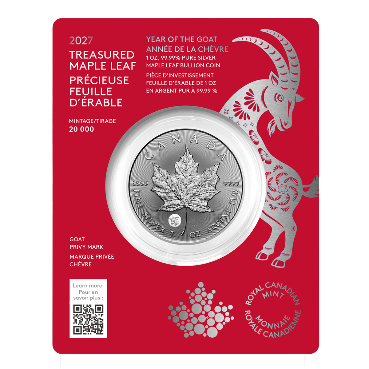 2027 Treasured Silver Maple Leaf: Year of the Goat Privy Mark - 1 oz. 99.99% Pure Silver Coin (Premium Bullion)