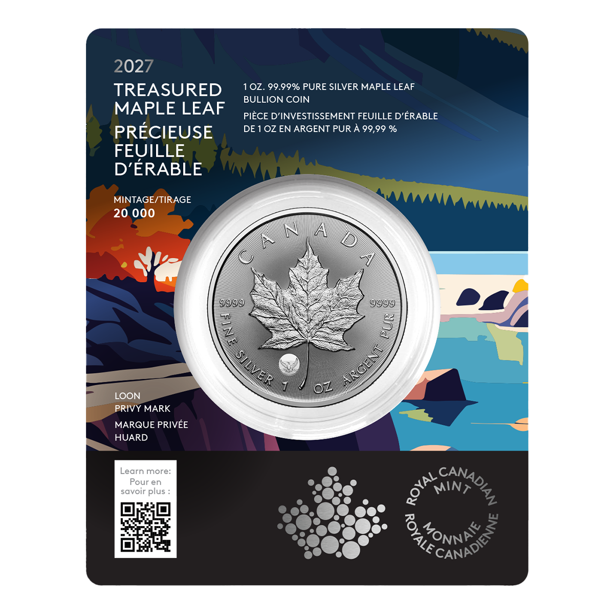 2027 Treasured Silver Maple Leaf: Loon Privy Mark - 1 oz. 99.99% Pure Silver Coin (Premium Bullion)