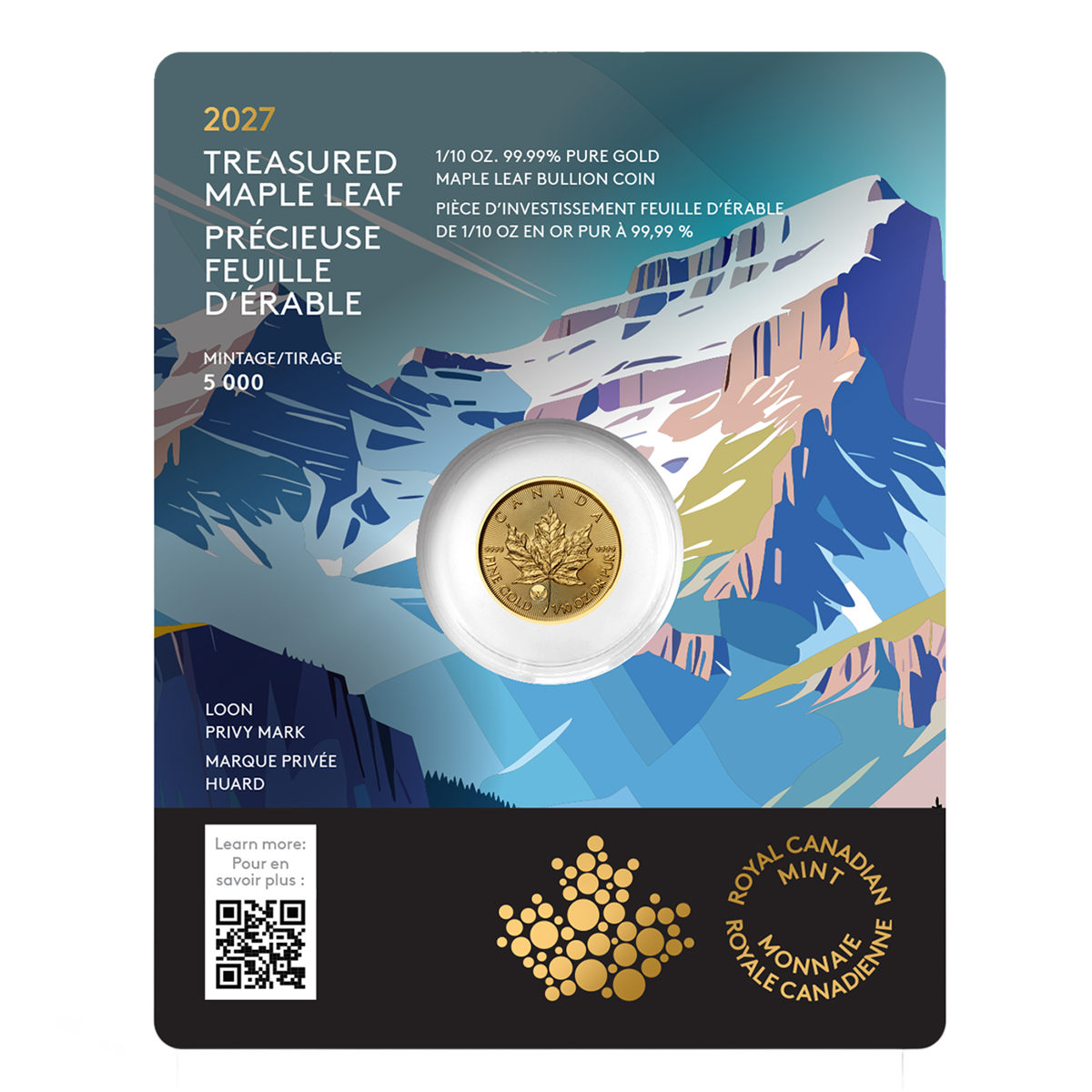 2027 Treasured Gold Maple Leaf: Loon Privy Mark - 1/10 oz. 99.99% Pure Gold Coin (Premium Bullion)