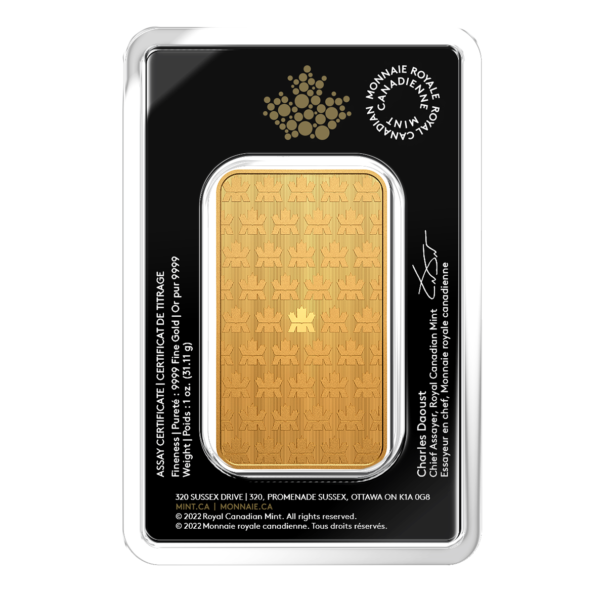2022 1 oz. 99.99% Pure Gold Bar (Bullion) | The Royal Canadian Mint