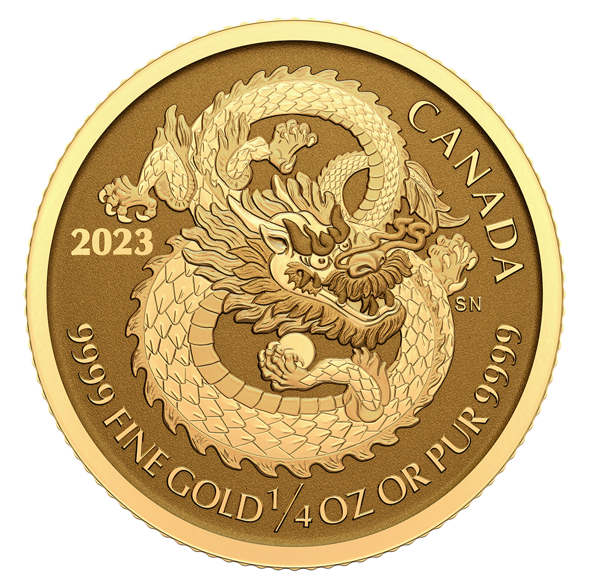 Pièce de 10 $ de ¼ oz en or pur à 99,99 % 2023 dragon (haut relief - pièce  d'investissement)