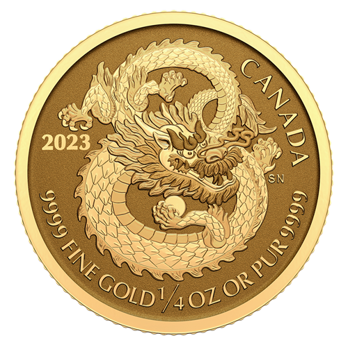 Pièce de 10 $ de ¼ oz en or pur à 99,99 % 2023 dragon (haut relief - pièce  d'investissement)